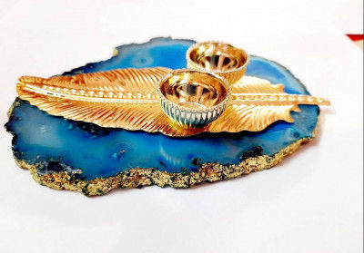 Rajasthani Kala agate Stone roli and chawal Platter Pooja Thali Kumkum Chawal Best Gifting Option Unique Look This Haldikumkumchawal Rakhi (Grey Stone with Leaf Design)(#1661)-gallery-0