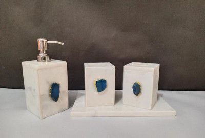 Unique Handicrafts Bathroom Accessory Set Natural Marble Agate Stone 1-2 inch Bath Accessories Set of 4 Includes Soap Dispenser Toothbrush Holder Tray Tumbler Bathroom Set (White)(#1664)-gallery-0