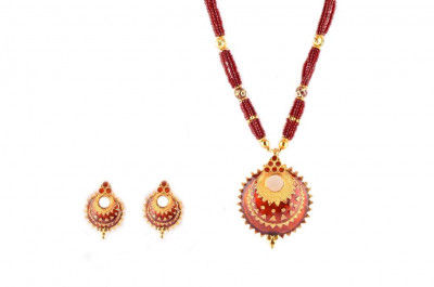 Assamese Traditional Jewellery Keru (Red and Golden color) Necklace Set(#228)-gallery-0