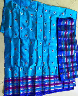 Dark Blue Mekhela Blouse Light Blue Chador Assamese Paat Style 1(#2306)-gallery-0