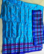 Dark Blue Mekhela Blouse Light Blue Chador Assamese Paat Style 1(#2306) - Getkraft.com