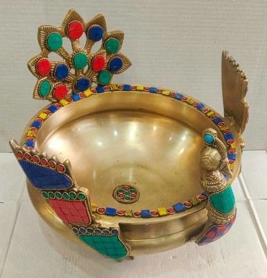 Brass Peacock Urli Bowl with Stone(#2335)-gallery-0