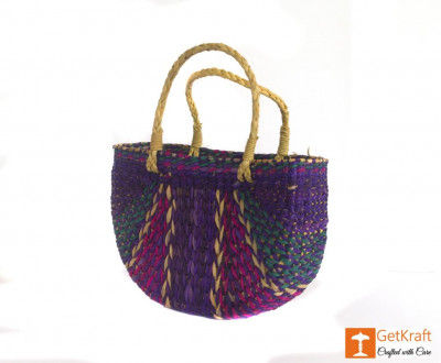 Natural Straw Handmade Multi-coloured Tote Handbag(#427)-gallery-0