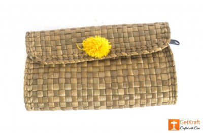 Natural Straw Handmade Purse with yellow button design(#435)-gallery-0