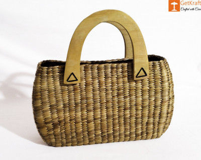 Natural Straw Oval Shaped Handbag with wooden handle(#436)-gallery-0