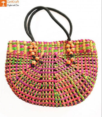 Natural Straw Handmade Multi-coloured Bag(#438)-gallery-0