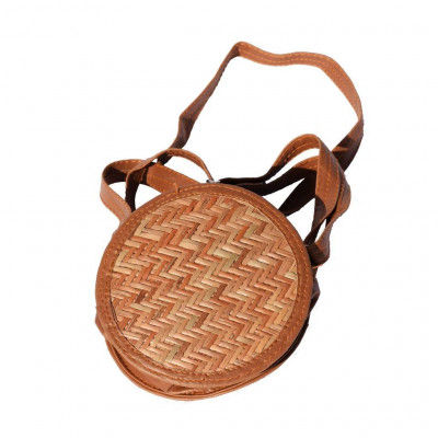 Round Straw Bag with Leather Long Handle