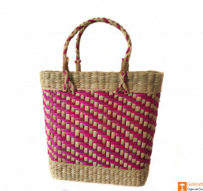 Large Natural Straw Handbag with patterned design in Pink color(#588)-gallery-0