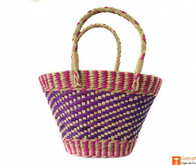 Natural Straw Medium Sized Tote Handbag with multicolored patterns(#590)-gallery-0