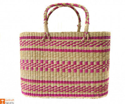 Large Natural Straw Handbag with colored patterns(#592)-gallery-0