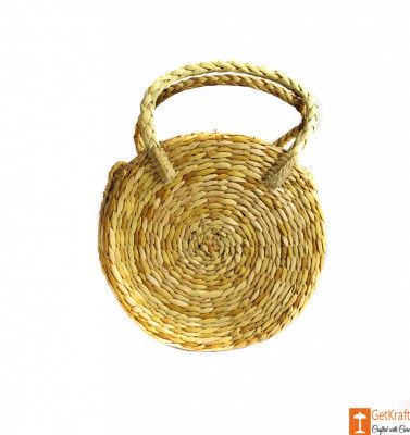 Natural Straw Round Handbag with small handle(#606)-gallery-0