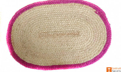 Handmade Jute Doormat(Natural Jute Color with a pink border)(#644)-gallery-0