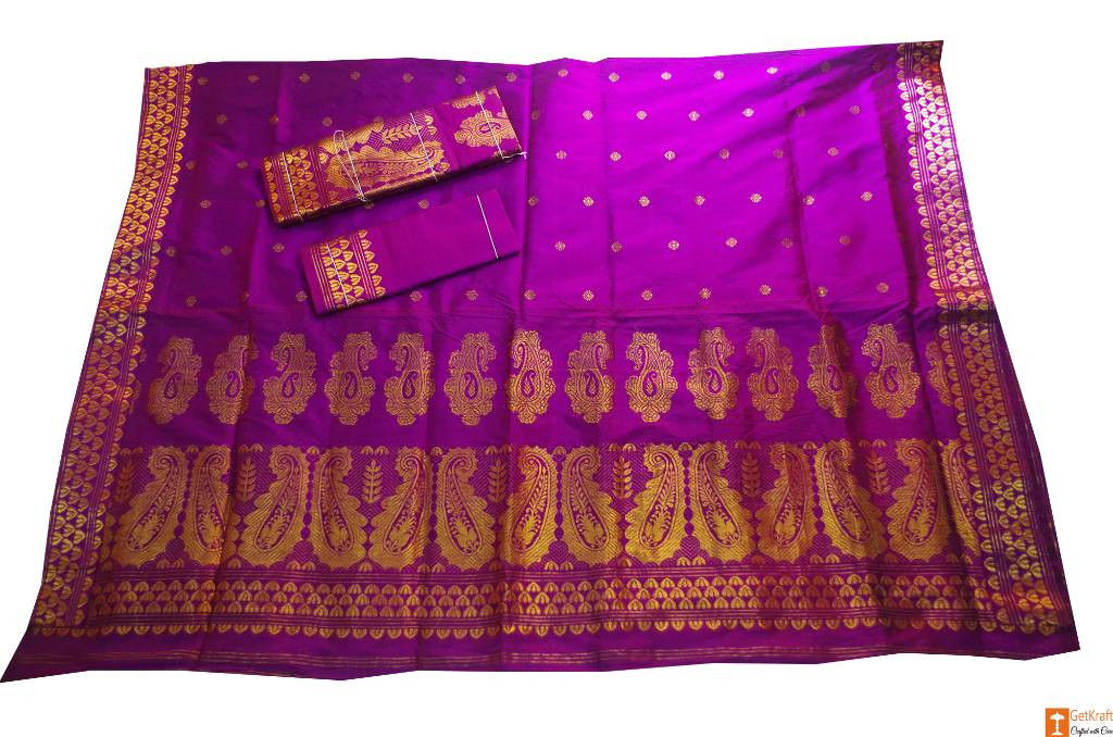 COTTON FLORAL DESIGN MEKHELA SADOR I INDIGO BLUE - Shop authentic handlooms  - Assamese Silk Sarees, Mekhala Sador & More