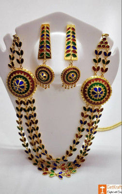 Solid Jaapi Haar Set Assamse Jewellery with Multicolored Meena(#722)-gallery-0