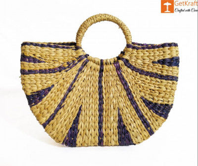 Natural Straw Striped Handbag Navy Blue(#950)-gallery-0