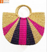 Natural Straw Striped Multipurpose Handbag Deep Purple and Pink(#951) - Getkraft.com