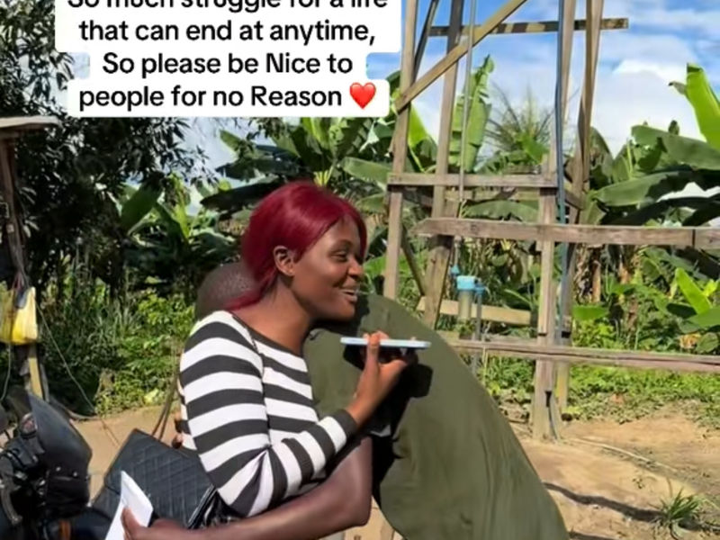 A woman hugs a young man outdoors; a social-media caption is printed across the image