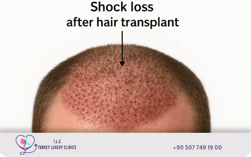 Close-up of scalp showing shock loss after hair transplant with temporary hair shedding and redness during the recovery phase
