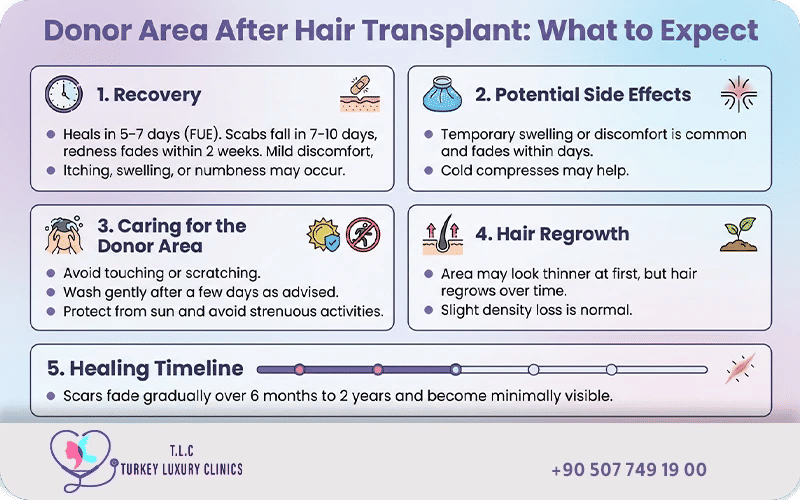 Infographic explaining donor area recovery after hair transplant including healing timeline and aftercare tips