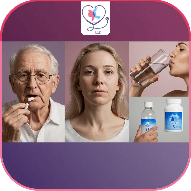 سيدة تتناول أدوية مع كوب من الماء مع أنواع معينة من الأدوية وهو أحد أسباب جفاف الفم الشائعة