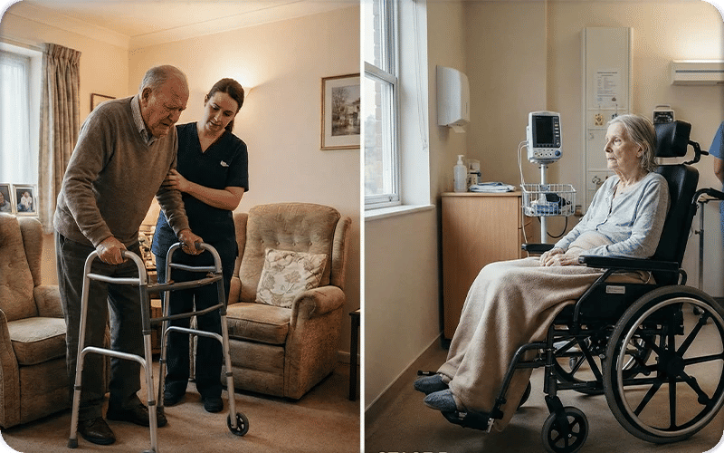 Image showing an elderly Parkinson’s patient with limited mobility, using walker or wheelchair.