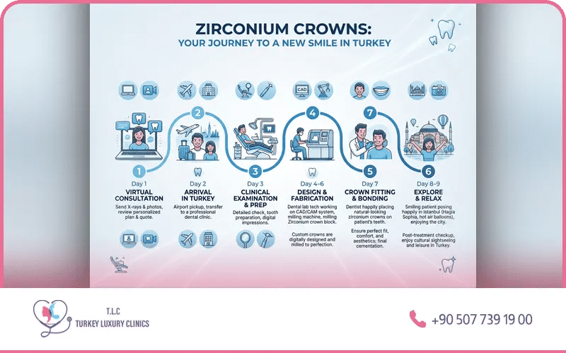 Zirconium crown procedure timeline Turkey – complete dental treatment in 5 to 7 days at Istanbul luxury clinic