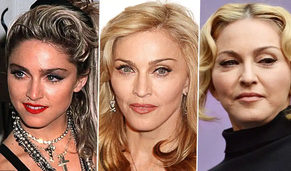 Madonna at different ages, showcasing her career and style changes.