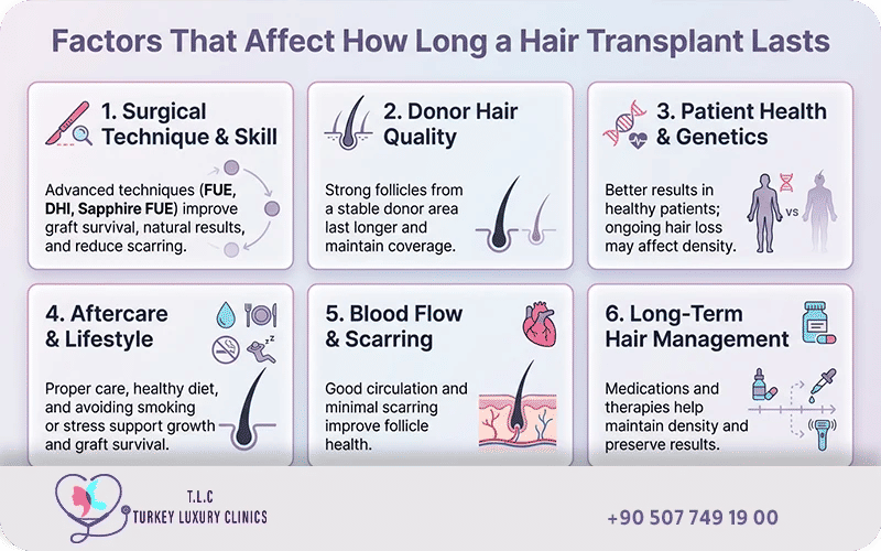Infographic of six key factors that affect how long a hair transplant lasts including surgical technique, donor hair quality, genetics, aftercare, blood flow, and long-term hair management
