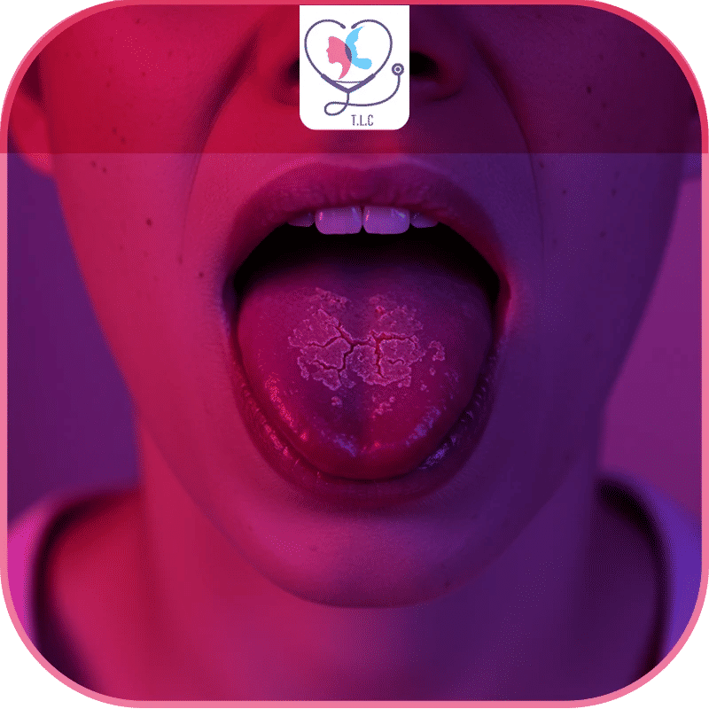 صورة مقرّبة تظهر لساناً جافاً ومتشققاً، وهو أحد الأعراض الرئيسية والواضحة لمشكلة جفاف الفم