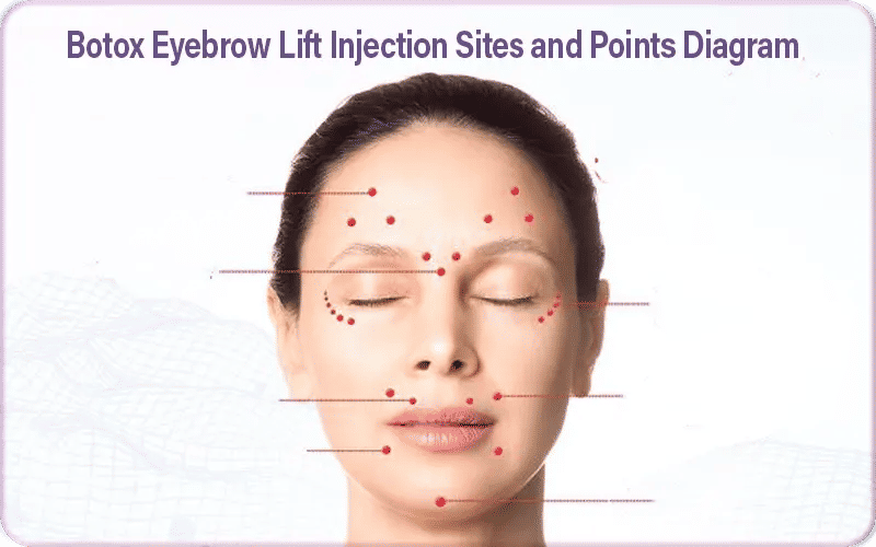 Diagram showing precise Botox injection sites for a brow lift, targeting frontalis, corrugator supercilii, procerus, and orbicularis oculi muscles.