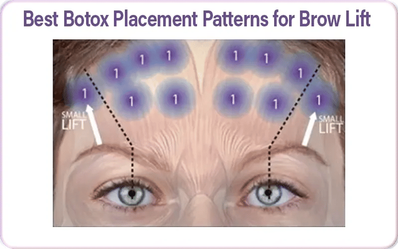 Anatomical diagram showing Botox injection patterns for a non-surgical brow lift. Blue circular markers with unit numbers are placed across the forehead and glabellar region, with white arrows indicating the upward lift direction at the lateral tail 