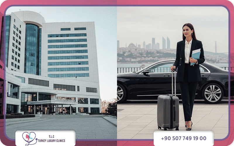 modern medical clinic and woman with luggage for turkey plastic surgery packages