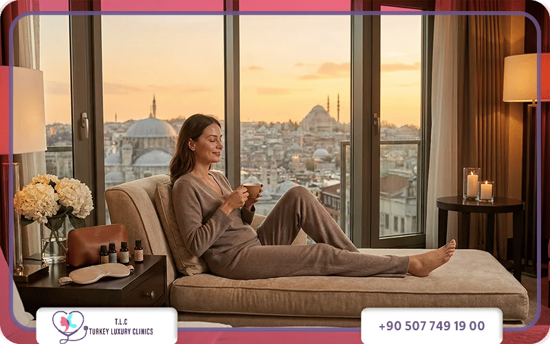woman relaxing in luxury hotel room for turkey all inclusive plastic surgery packages