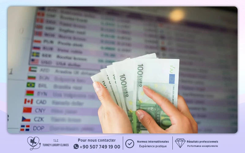 Billets en euros devant un tableau des taux de change