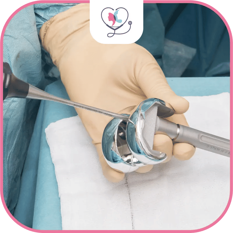 This image shows the metallic components of a total knee replacement implant, the femoral and tibial parts