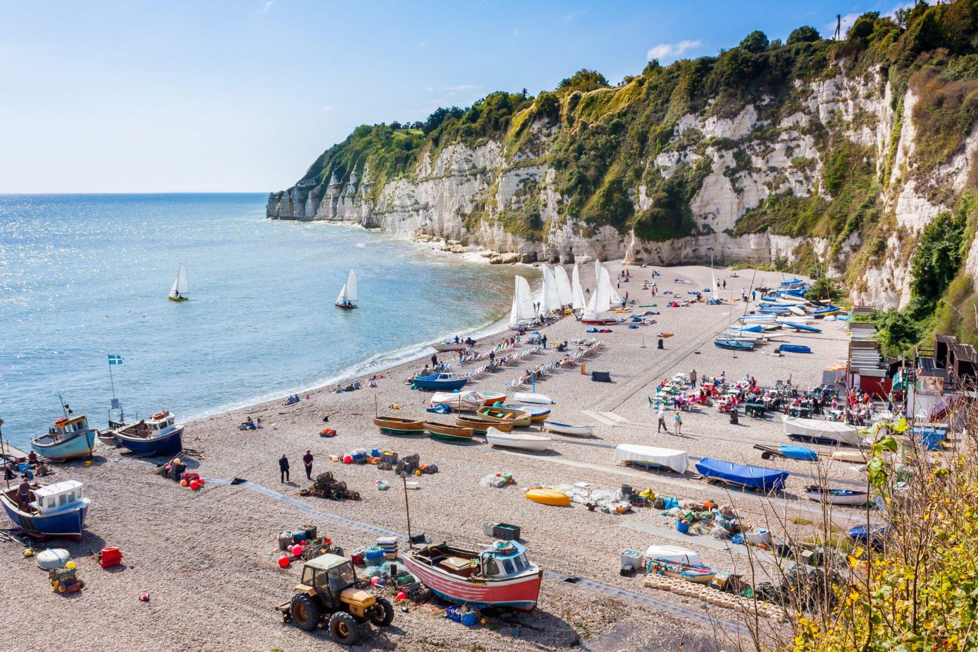 Overlooking the beach and cliffs at Beer in Lyme Bay Devon England UK