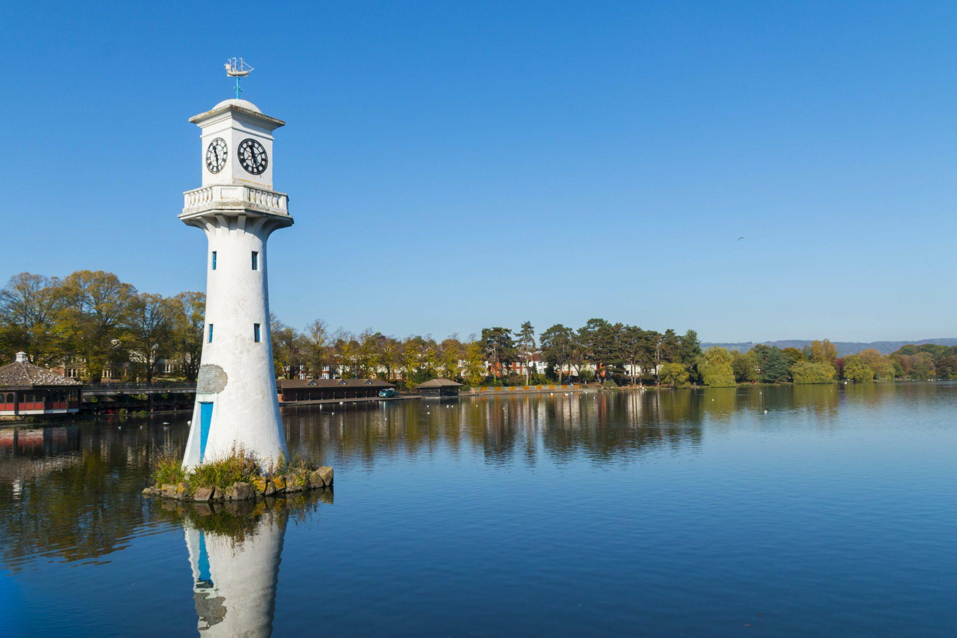 Scott Monument in the autumn sunshine at Roath Park Lake, Cardiff, South Wales