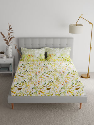 petal dust pure cotton 200 tc king size double bedsheet set (green  & yellow)