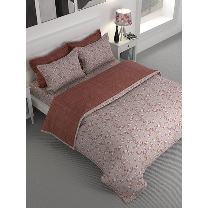 iris gaze floral print pure cotton 160 tc king size double bedsheet set (grey )