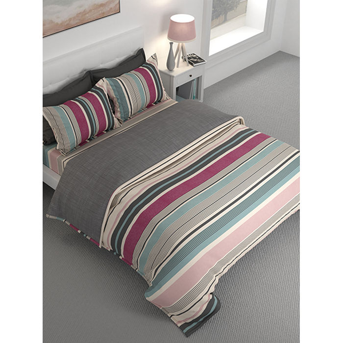 stripe tease pure cotton 160 tc king size double bedsheet set (grey &  pink )