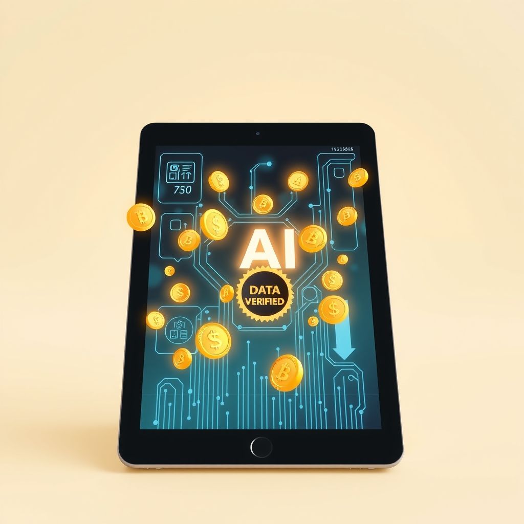3D visualization of AI data annotation tasks showing technical nodes and gold coin rewards.