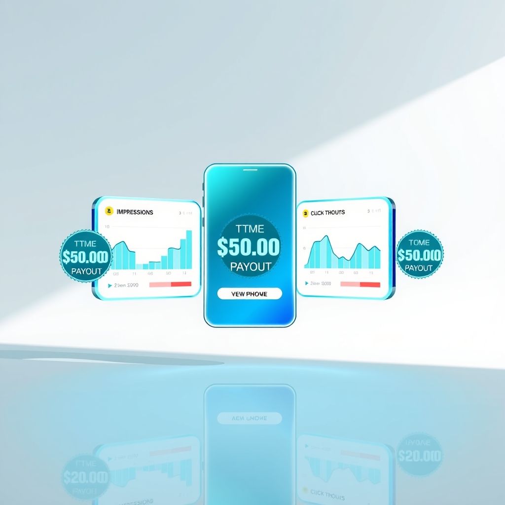 Glassmorphic UI design showing banner ad performance metrics and payout badges.