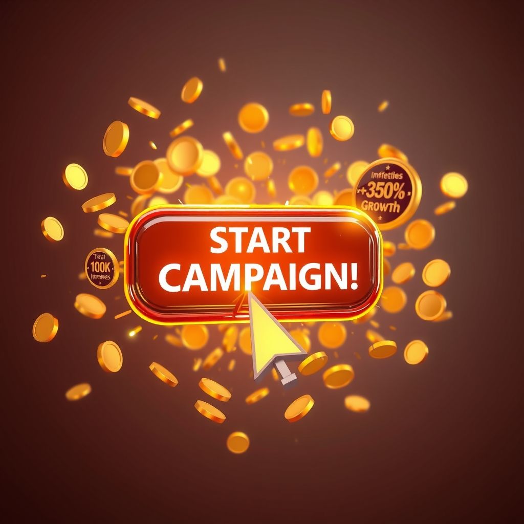 A dynamic 3D visual of a 'Start Campaign' button with growth metrics and gold coins.