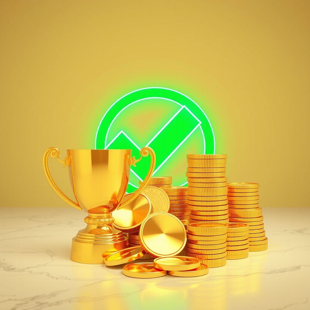 A 3D golden trophy and gold coins representing successful and sustainable online income without investment.
