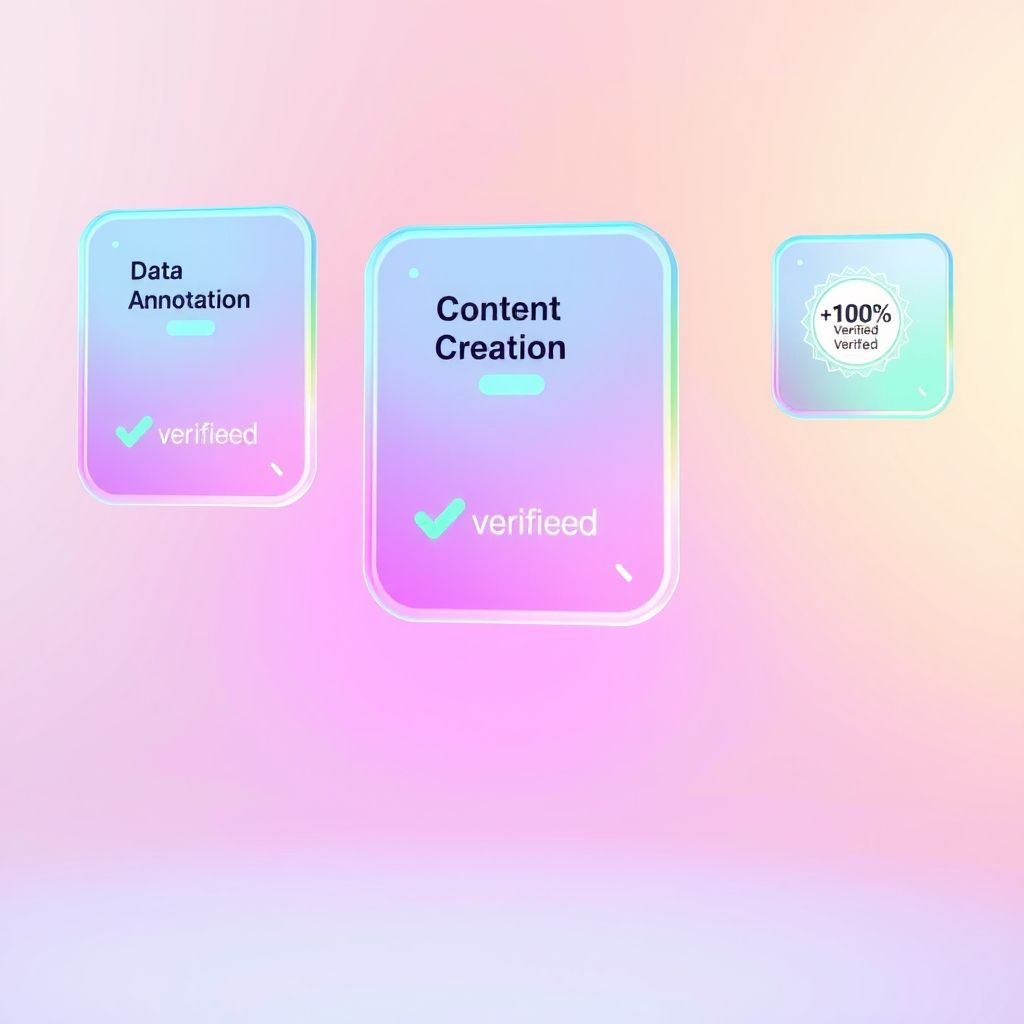 Glassmorphic floating UI cards representing different digital skills that can be sold without initial investment.