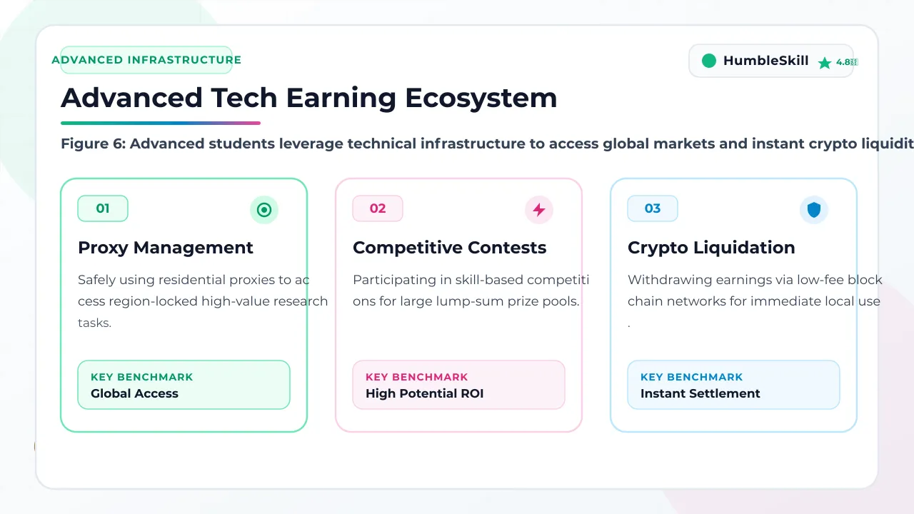 An isometric technical diagram showing the infrastructure for advanced student earnings like proxies and crypto.