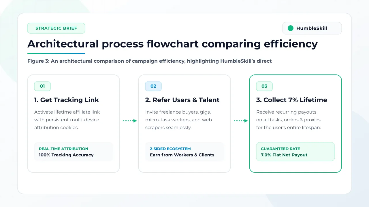 A technical 3D flowchart comparing the streamlined HumbleSkill workflow against traditional, complex advertising agency models.