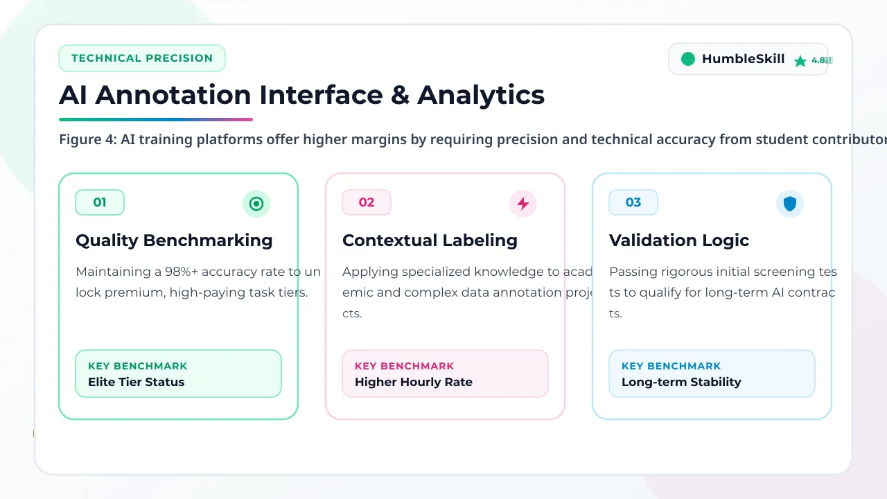 A technical UI showing the process of data annotation for AI training, highlighting high-paying task metrics.