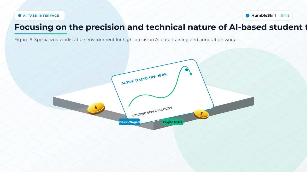 A clean 3D minimalist workstation representing AI data annotation and search evaluation tasks for students.
