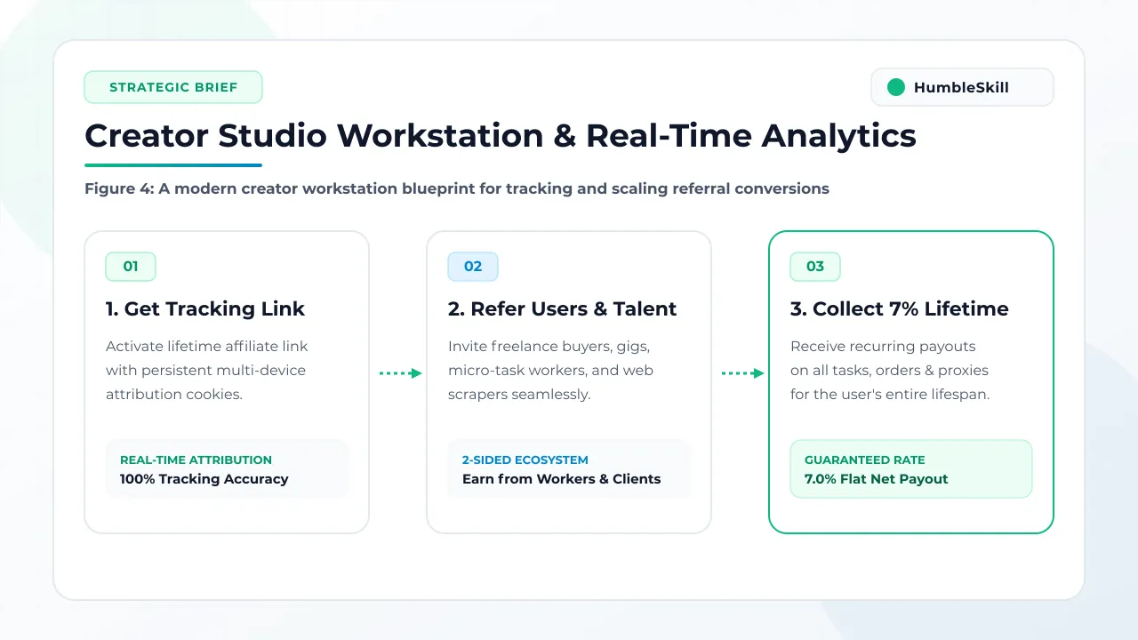 A modern creator studio workstation displaying affiliate analytics on high-end dual monitors.